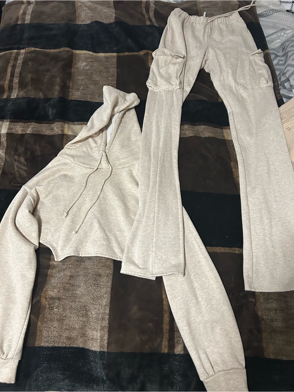 White House Black Market Cropped Hoodie & Cargo Flare Pants in Light Beige